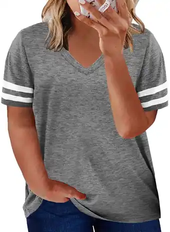 Walmart Aleumdr Womens Short Sleeve Blouse Cozy Plus Size Striped Tee Shirts Gray Summer Tops 18 20 offer