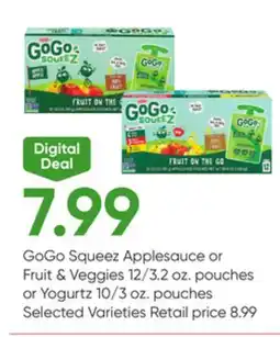 Stater Bros GoGo Squeez Applesauce or Fruit & Veggies 12/3.2 oz. pouches or Yogurtz 10/3 oz. pouches offer