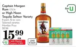 Pavilions Captain Morgan Rum 1.75 ltr. or High Noon Tequila Seltzer Variety 8 pack, 12 oz. cans offer