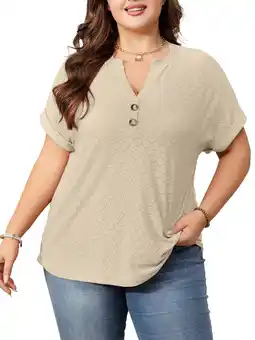 Walmart Cuteduck Womens Plus Size Short Sleeve Henley V-Neck Button Top Lace Textured Blouse 1X-5X offer