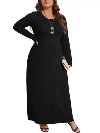 Walmart Mengpipi Women's Plus Size Casual Long Sleeve Dress Crewneck Loose Maxi Dress with Pockets 2X-5X offer