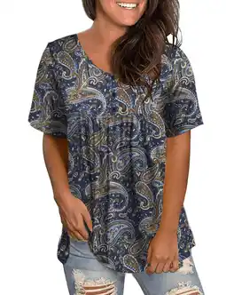 Walmart FOLUNSI Womens Summer Plus Size Tops V Neck Buttons Pleated Flared Blouses m-4xl offer