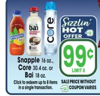 Jewel-Osco Snapple 16 oz., Core 30.4 oz. or Bai 18 oz offer