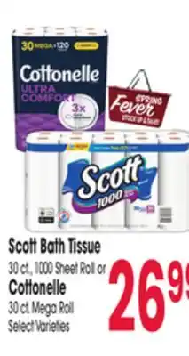 Jewel-Osco Scott Bath Tissue 30 ct., 1000 Sheet Roll or Cottonelle 30 ct. Mega Roll offer