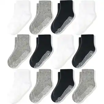 Walmart CozyWay Non-Slip Crew Grip Toddler Socks, 12 Pack for Boys & Girls, Black/White/Gray, 1-3 Years Old offer