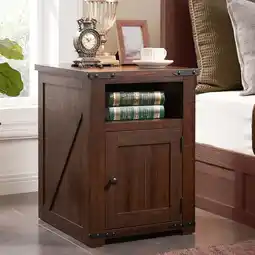 Walmart SinCiDo 20 Farmhouse End Table w/Barn Door, Wood Bedside Table, Nightstand with Charging Station offer