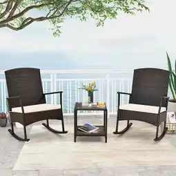 Walmart Costway Serenity 3 Piece Patio Rocking Wicker Rockers with White Cushions 2 Tier Coffee Table offer