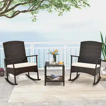 Walmart Costway Serenity 3 Piece Patio Rocking Wicker Rockers with White Cushions 2 Tier Coffee Table offer