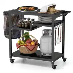 Walmart Costway Rolling Grill Cart 3-Shelf BBQ Table Pizza Oven Stand with Trash Bag Holder & Hooks offer