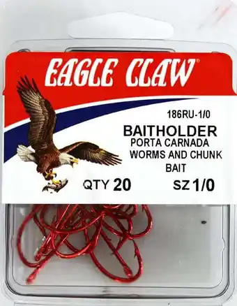 Walmart Eagle Claw 186RU3-1/0 Baitholder 2-Slice Offset Hook, Red, Size 1/0, 20 Pack offer