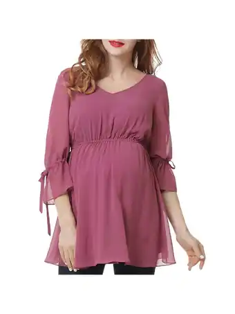 Walmart KIMI & KAI Womens Pink Sheer Tie Keyhole Closure 3/4 Sleeve V Neck Top Maternity S offer