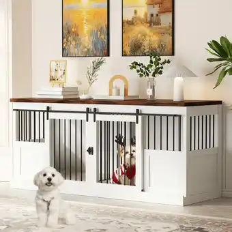 Walmart 70.9'' Wooden Large Dog Crate, Double Dog Indoor Crate Kennel Furniture with Divider, White offer