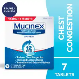 Walmart Mucinex 12 Hour Max Strength Expectorant, OTC Medicine for Excess Mucus Relief, FSA/HSA, 7 Tablets offer