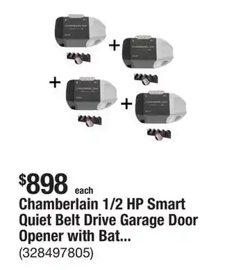 The Home Depot Chamberlain 1/2 HP Smart Quiet Belt Drive Garage Door Opener with Battery Backup (4-Pack) offer