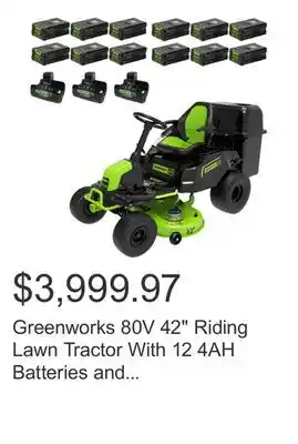 Costco Greenworks 80V 42 Riding Lawn Tractor With 12 4AH Batteries and Bagger Attachment offer