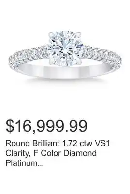 Costco Round Brilliant 1.72 ctw VS1 Clarity, F Color Diamond Platinum Wedding Ring offer