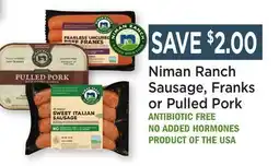 Heinen's Niman Ranch Sausage, Franks or Pulled Pork offer