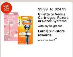 Walgreens Gillette or Venus Cartridges, Razors or Razor Systems offer