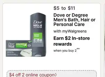 Walgreens Dove or Degree Men's Bath, Hair or Personal Care offer