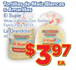 El Super Fresh White or Yellow Corn Tortillas Family Pack, 80 Ct., La Grandota 48 Ct offer