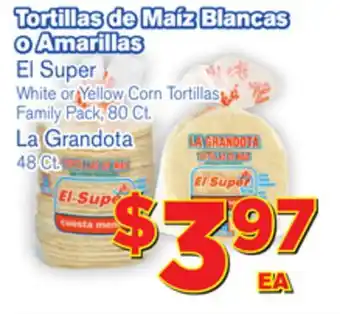 El Super Fresh White or Yellow Corn Tortillas Family Pack, 80 Ct., La Grandota 48 Ct offer