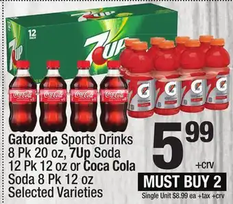 Super King Markets Gatorade Sports Drinks 8 Pk 20 oz, 7Up Soda 12 Pk 12 oz or Coca Cola Soda 8 Pk 12 oz offer