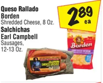 El Super Borden Shredded Cheese, 8 Oz., Earl Campbell Sausages,12-13 Oz offer