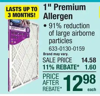 Menards BestAir Premium Allergen 9100 16 x 20 x 1 MERV 12 Pleated Air Filter offer