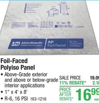 Menards R-6 (16 PSI) Johns Manville 1 x 4' x 8' Foil-Faced Polyiso Foam Board Insulation offer