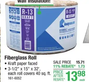 Menards R-13 EcoRoll Kraft Faced Fiberglass Insulation Roll 3-1/2 x 15 x 32' offer