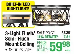 Menards Patriot Lighting Solitude Matte Black 3-Light Flush/Semi-Flush Mount Ceiling Light with Night Light offer