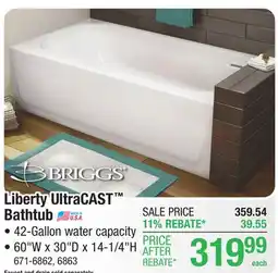 Menards Briggs Liberty UltraCAST 60W x 30D x 14-1/4H White Bathtub with Right Drain offer