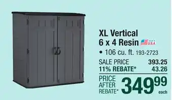 Menards Suncast Extra Large Vertical 6 x 4 x 6 Outdoor Resin Storage Unit offer