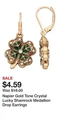 Kohl's Napier Gold Tone Crystal Lucky Shamrock Medallion Drop Earrings offer