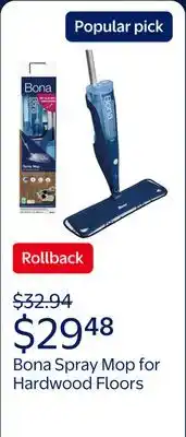 Walmart Bona Spray Mop for Hardwood Floors, with Refillable Cartridge & Washable Microfiber Pad offer