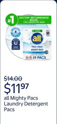 Walmart all Mighty Pacs Laundry Detergent Pacs, Free Clear for Sensitive Skin, Unscented and Dye Free offer