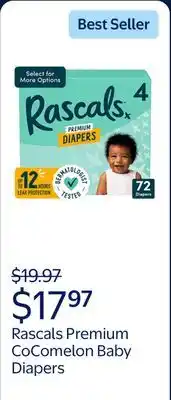 Walmart Rascals Premium CoComelon Absorbent Baby Diapers Size 4, 72 Count (Select for More Options) offer