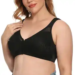 Walmart Exerin Women's Front Closure Full Coverage Wirefree Posture Back Plus Size Bra(34DD, Black) offer