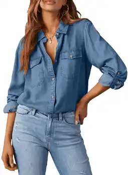 Walmart Fantaslook Women Button Down Denim Shirts Collared Casual Long Sleeve Blouses Tops with Pockets offer