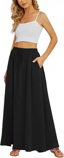 Walmart JuneFish Women's Flowy Maxi Skirt Summer Beach Pleated High Waisted Casual Long Skirts with Pockets offer