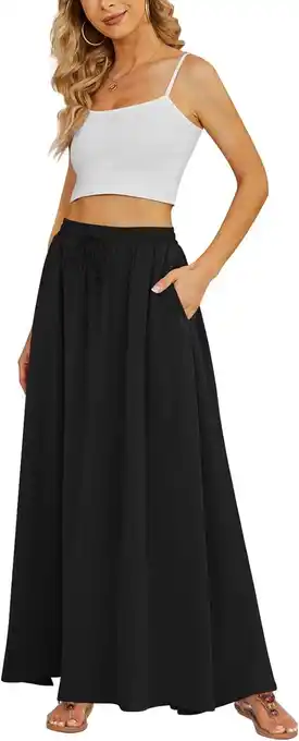 Walmart JuneFish Women's Flowy Maxi Skirt Summer Beach Pleated High Waisted Casual Long Skirts with Pockets offer