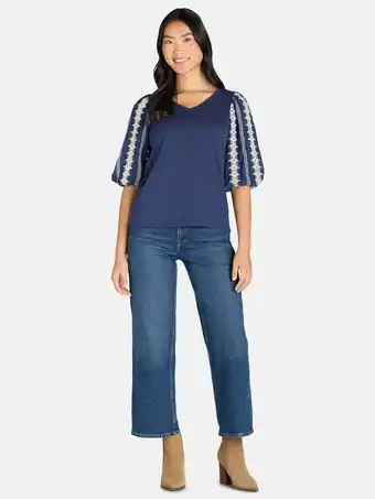 Walmart The Pioneer Woman Cotton V-Neck Top with Puff Sleeves, Women’s, Sizes S-3X offer