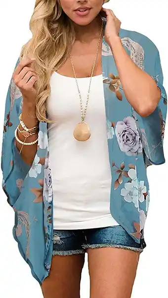 Walmart Women's Floral Print Puff Sleeve Kimono Cardigan Loose Cover Up Casual Blouse Tops offer