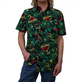 Walmart Men's Jurassic Park Classic Logo Hawaiian Print Button Down Shirt Green Small offer