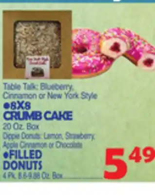 Bravo Supermarkets 8X8 CRUMB CAKE 20 Oz. Box FILLED DONUTS 4 Pk. 8.6-9.88 Oz. Box offer