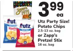 ACME Utz Party Size! Potato Chips 2.5-13 oz. bag or Zapp's Pretzel Stix 16 oz. bag offer