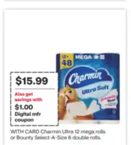 CVS Charmin Ultra 12 mega rolls or Bounty Select-A-Size 6 double rolls offer