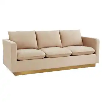 Walmart Nervo Modern Mid-Century Upholstered Velvet Sofa with Gold Frame, Beige offer