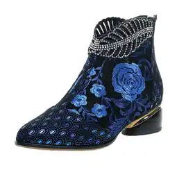 Walmart Fesfesfes Wide Calf Boots For Women Retro Embroidered Rhinestone Thick Heel Shoes Plus Size 6.5(38) offer