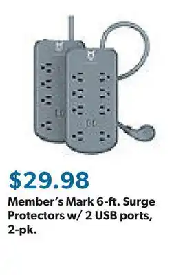 Sam's Club Member's Mark 6-ft. Surge Protectors w/ 2 USB ports, 2-pk offer